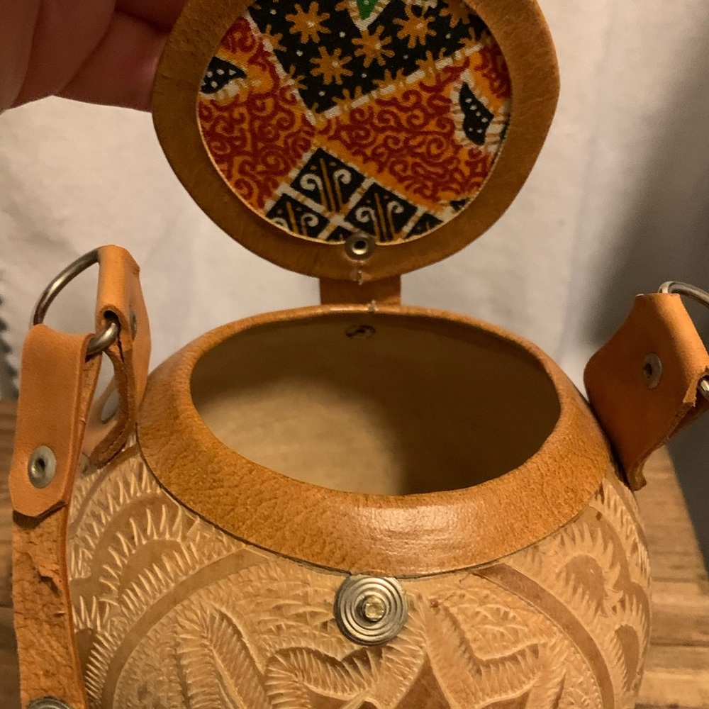 Boho Coconut purse from Trinidad, leather strap.